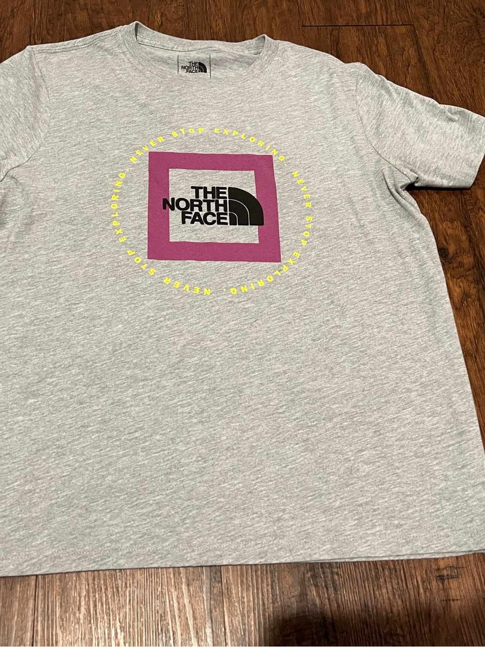 The North Face Grey Tee with Purple Square and Yellow Text